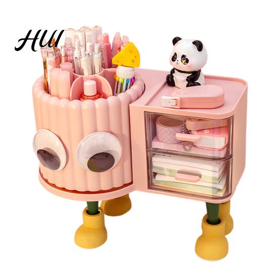 Children Stationery Organizer Cute Rotating Pen Holder with Drawer 2-in-1 Large Capacity Desktop Sorter for Kids Girls Multifunctional Storage