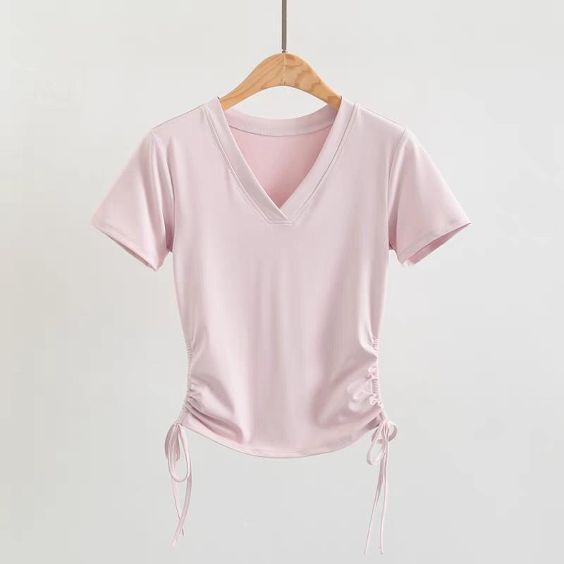 Women's Quick-Dry V-Neck Yoga and Pilates Short-Sleeve Slimming Tops for Spring/Summer Fitness and Running