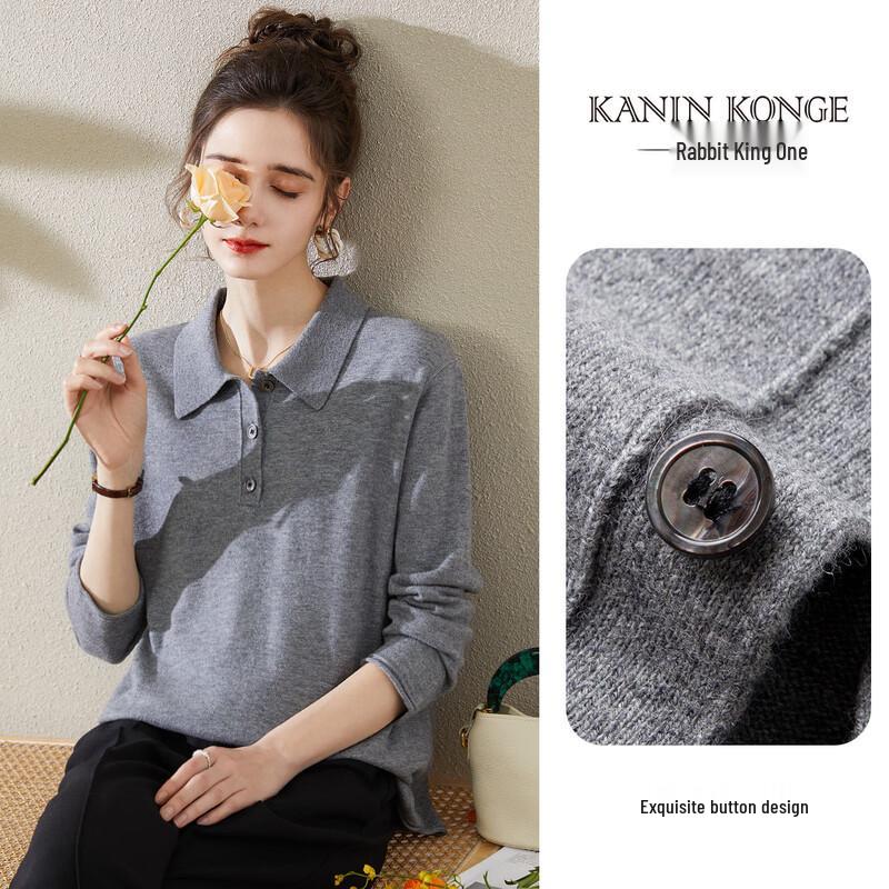 TUHUANG Women's Pure Wool Polo Collar Knit Top