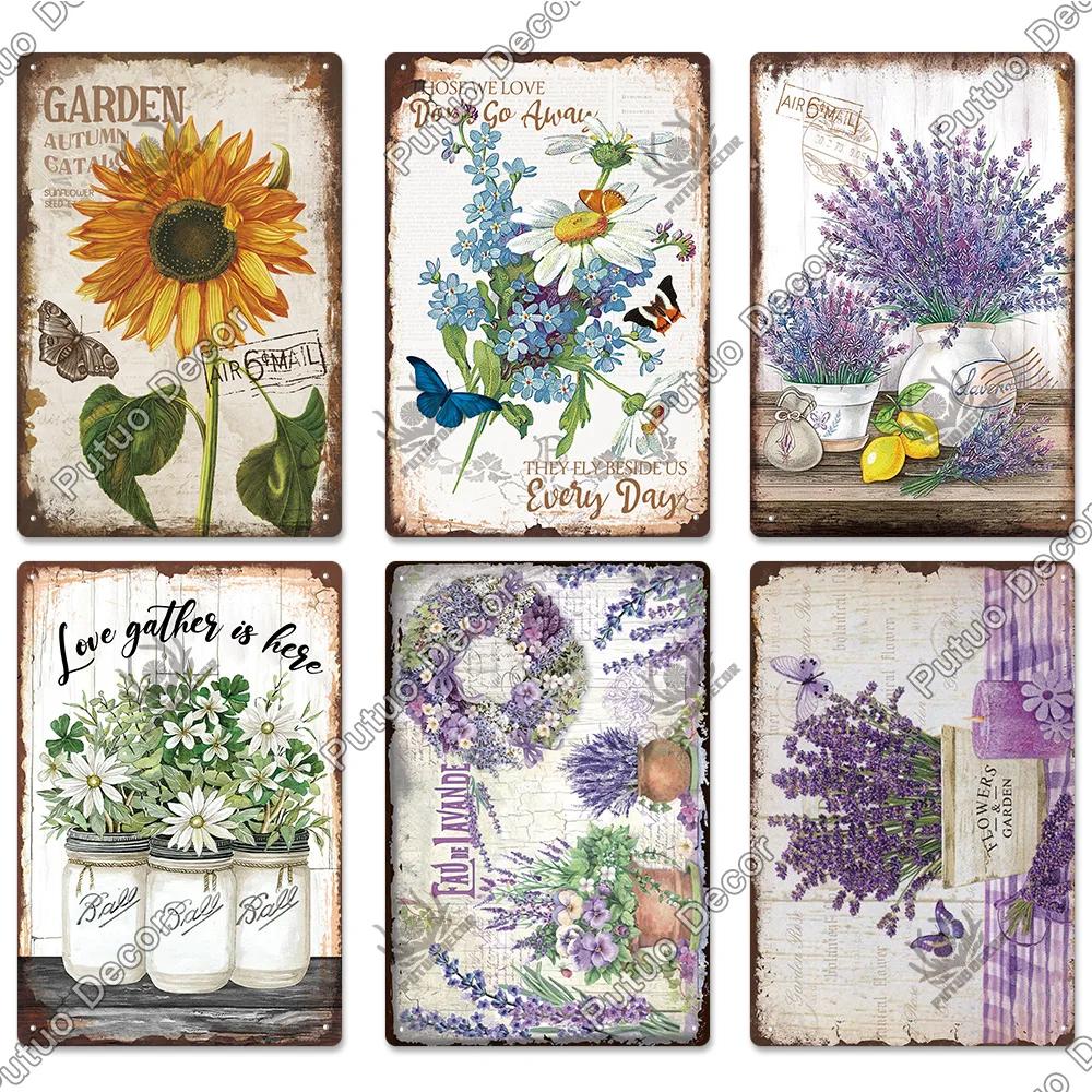 Putuo Decor Lavendel Metallskyltar Plåtposter Metall Vintage Solros Skyltar Retro Blomma Plåtskylt Tusensköna Väggdekor för Hem Trädgård