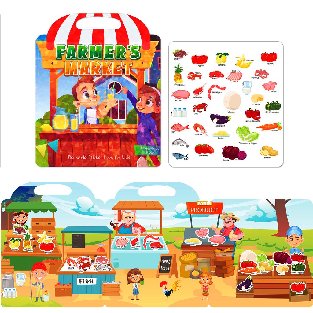 DIY quiet book farmer's market children's picture recognition puzzle stickers parent-child interactive fun toys jelly sticker book