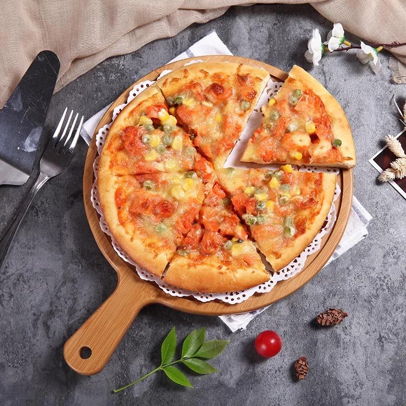 Bamboo-wood pizza tray round handle Japanese-style household western-style steak tableware Pizza tray bottom supports solid wood