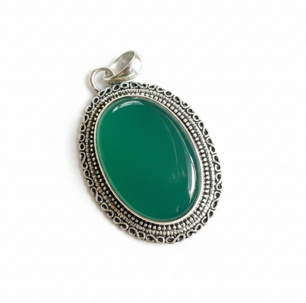 Green Onyx Pendant, 925 Solid Sterling Silver, Filigree Frame Oval Cabochon Necklace Pendant