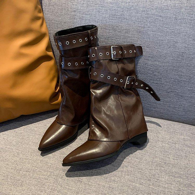 American Spice Girls~ 2025 Autumn and Winter New Belt Buckle Pants Boots Height Increasing Pointed Short Boots Women's Western Cowboy Boots