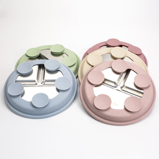 Divided Dining Plate with Suction Cups Stainless Steel Baby Plates Toddler Meal Tray Non-Slip Silicone Cover Heat-Insulated Feeding Tray