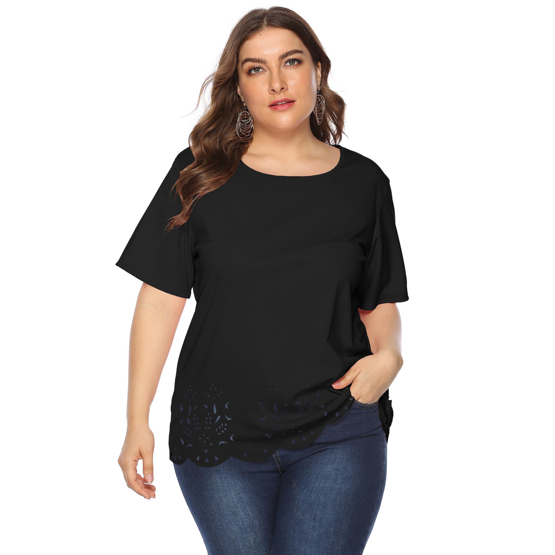 

Женская футболка большого размера однотонная с коротким рукавом и ажурными вставками, повседневная (Круглая шея) 3XL чёрный