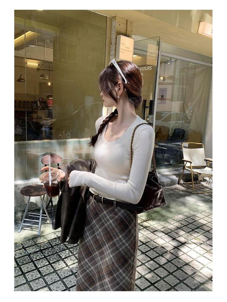 Korean Style U-Neck Ribbed Innerwear Slim-Fit Long/Short Sleeve Women's T-Shirt for Spring/Summer