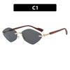 European and American rhombus frameless trimmed sunglasses metal sunglasses wood grain fashion sunscreen UV protection sunglasses women
