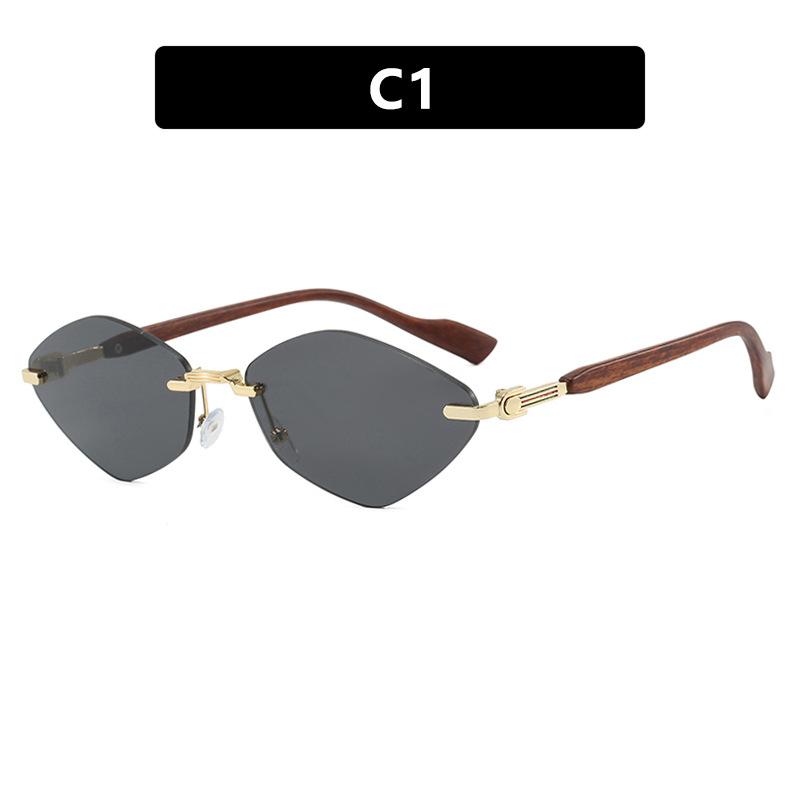 European and American rhombus frameless trimmed sunglasses metal sunglasses wood grain fashion sunscreen UV protection sunglasses women