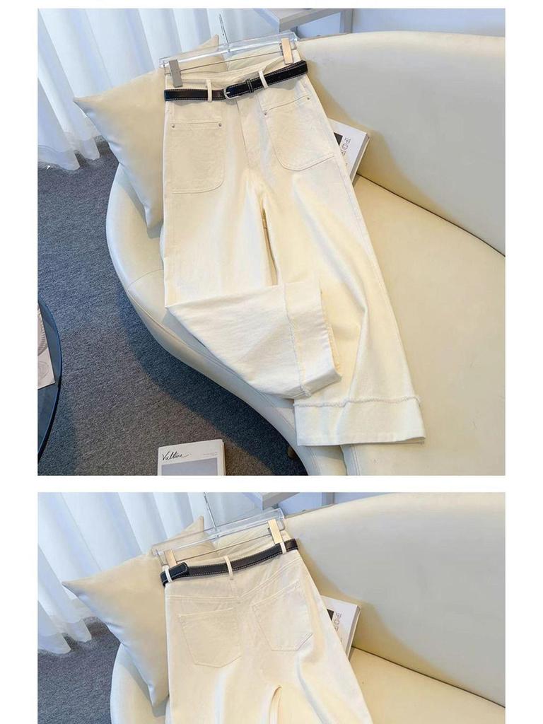 Women's White Slim High-Waisted Wide-Leg Jeans with Stretch Cropped Rolled Hem - 2026 Spring New Style