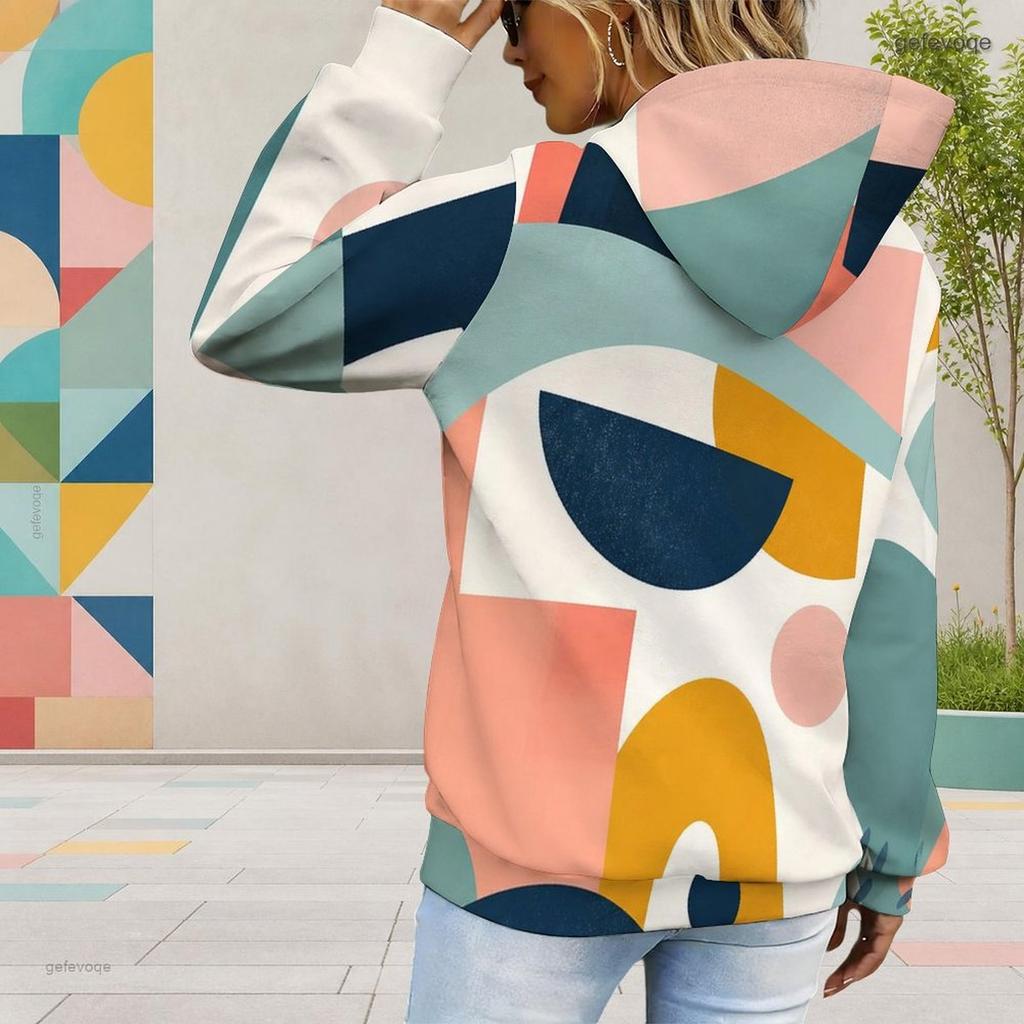 Women Plus Size Off White Printed Long Sleeve Drawstring Hoodie With Kangaroo Pocket