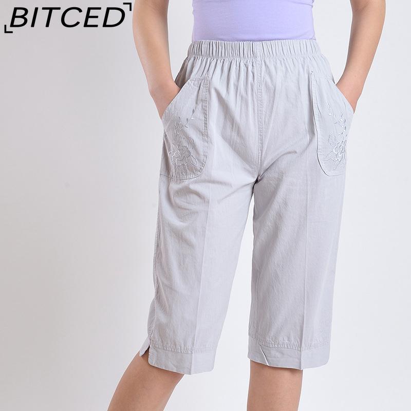 BITCED Summer Women Elastic Waist Straight Trousers Middle Age Older Women High Waist Straight Pants Washed Cotton Cropped Plus Size Pants