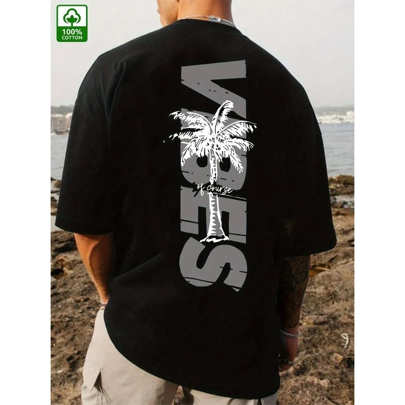 

European sizes Men S Heavyweight T-Shirt - Y2K Streetwear Tee with Miami Palm Tree Graphic Back Print - Black Crewneck Shirt 4XL чорний