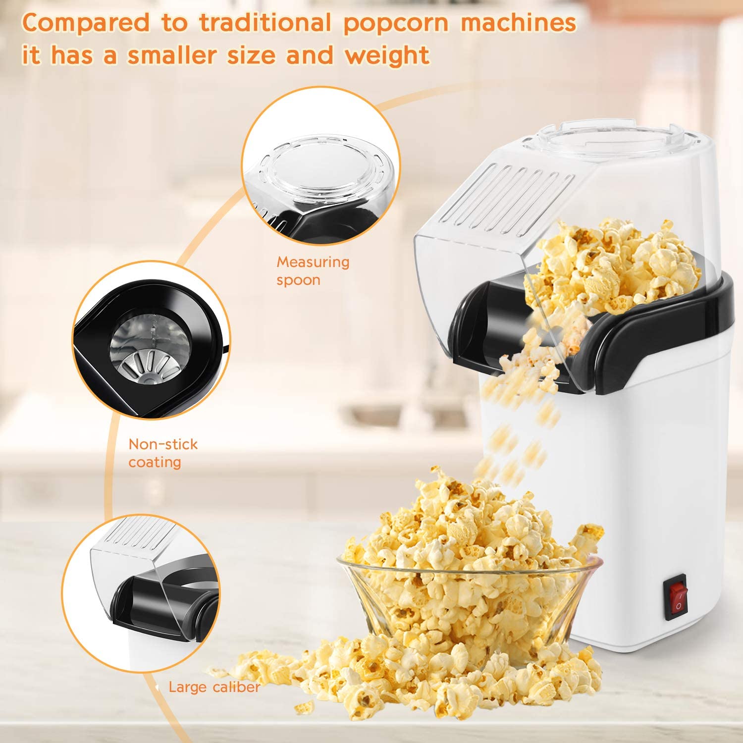 

BAAU Air Popcorn Popper Maker, Electric Hot Air Popcorn Machine-1200W, Oil-Free
