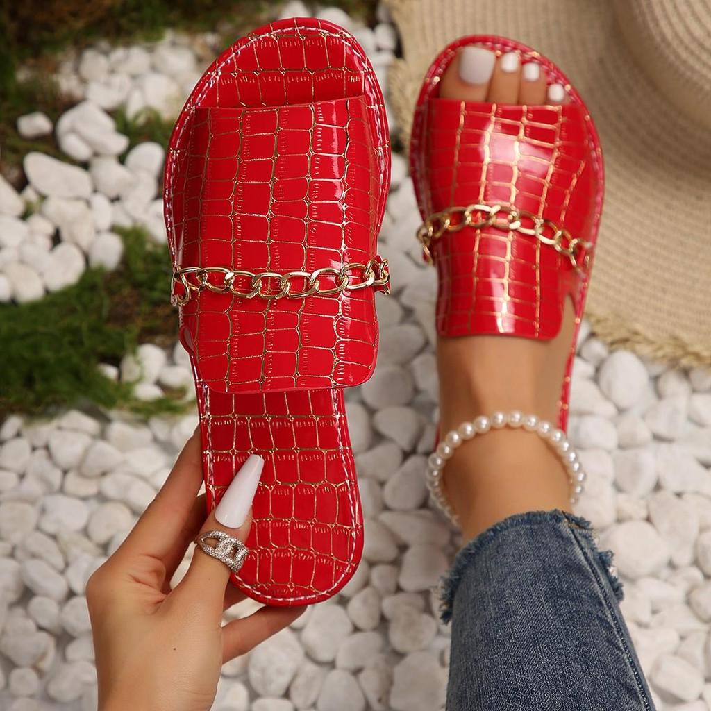 Oversized Flat Slippers with Crocodile Pattern Chain Casual Shoes for Women