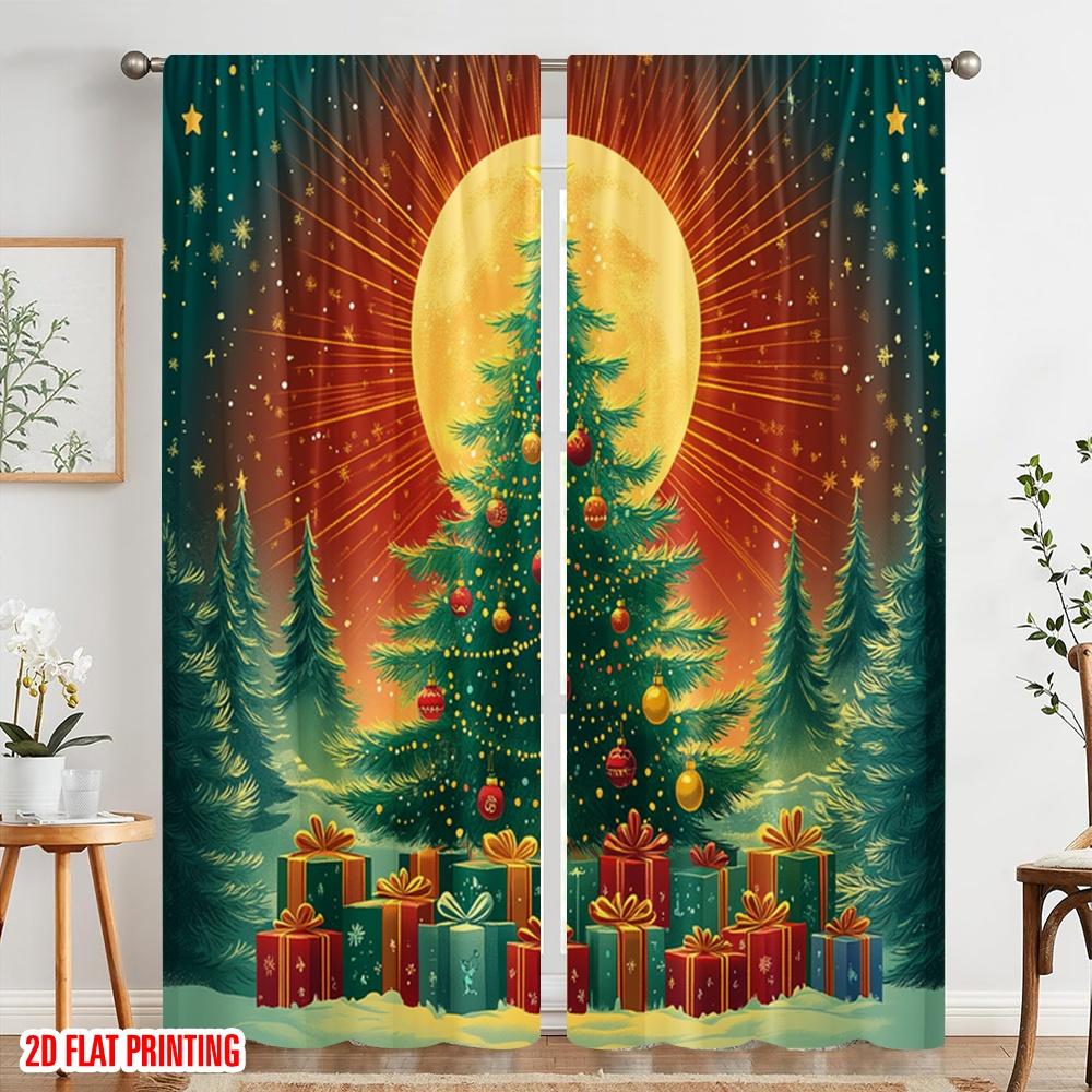 2pcs,2D plane printing Curtain Popular Christmas Tree Star Moon Gifts (3) Versatile Durable Polyester (without rod) Decorations