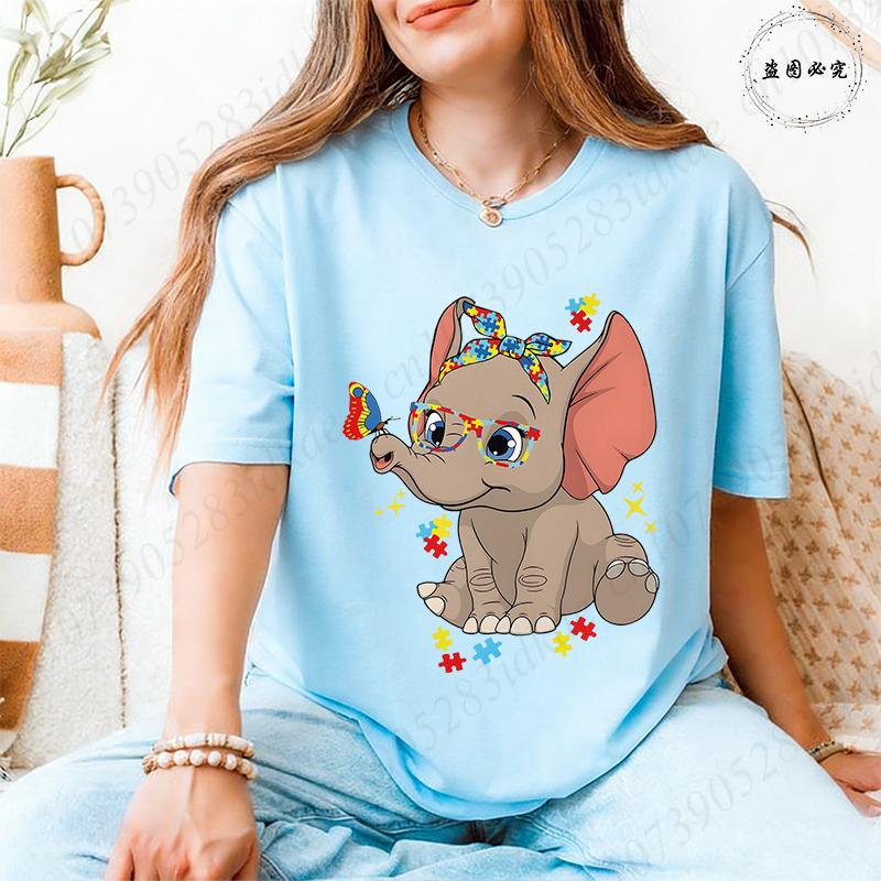 Unisex's Autism Awareness T-shirts: Cute Elephant Puzzle Graphic Tops Walking A Different Path Short Sleeve Autism Support Tees