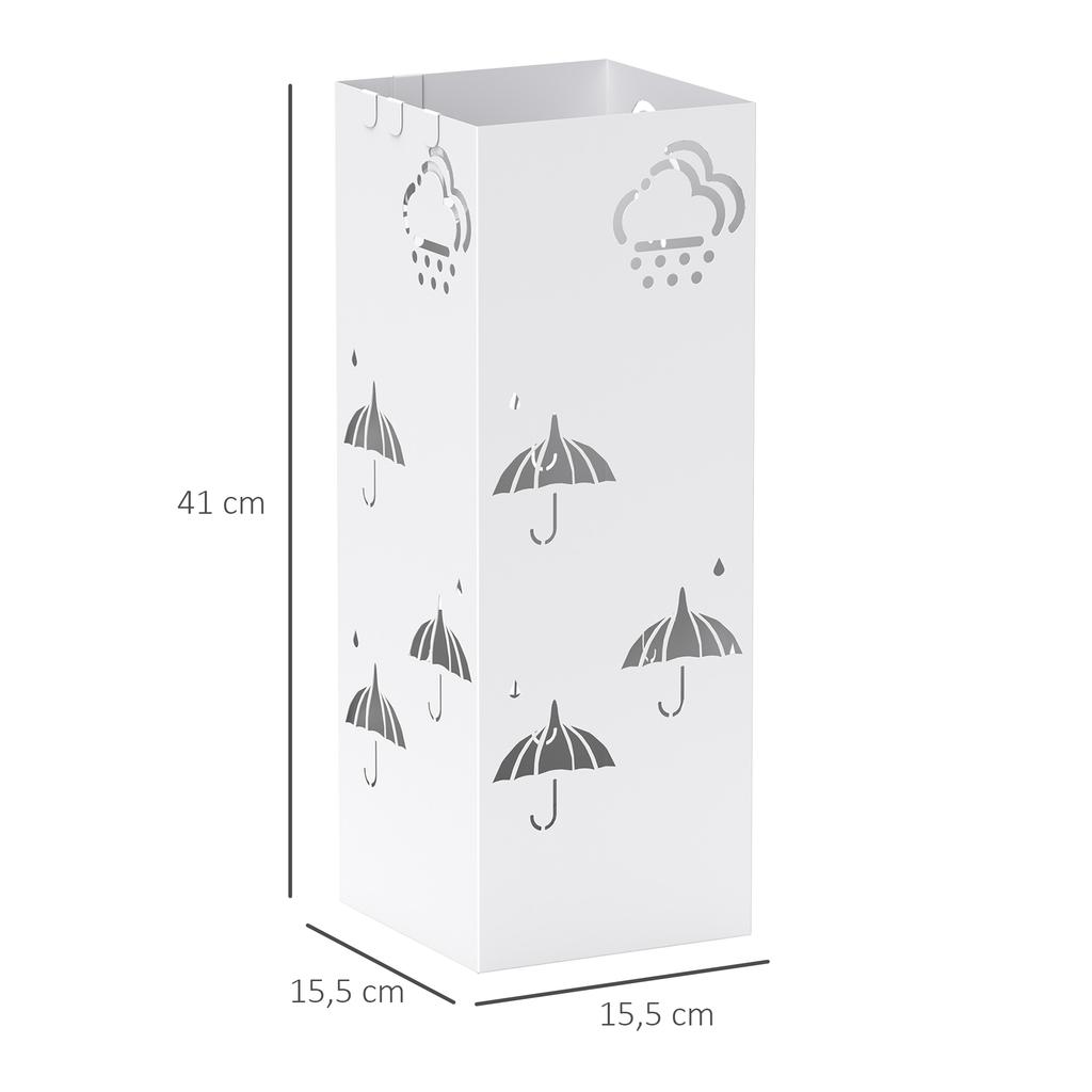 Steel Umbrella Stand With Drip Tray Hooks For Folding Umbrellas And Decorative Design 15.5x15.5x41 Cm White