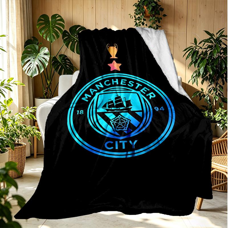 Manchester City FC Pattern Blanket for Home Decoration, Bed, Sofa, Car Travel, Camping, Suitable for All Seasons, Birthday Christmas Gift