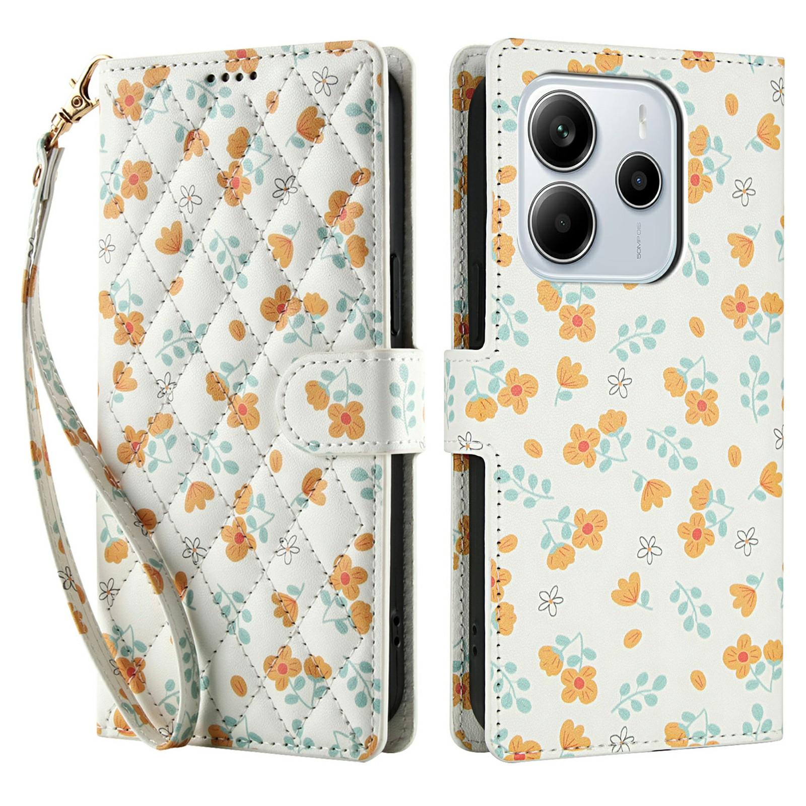 

Wallet Case for Xiaomi Redmi Note 14 5G/Poco M7 Pro 5G Rhombic Floral Design Leather Flip Phone Cover with Strap A3