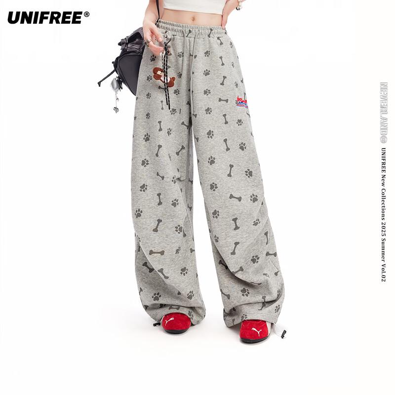 UNIFREE Printed Wide-Leg Relaxed Fit Casual Pants with Charm S