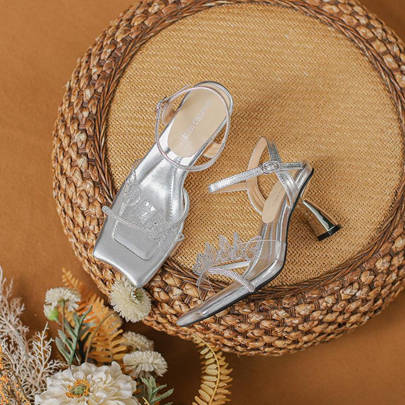 Thin-heeled butterfly rhinestone fairy sandals with open-toed silver square head comfortable temperament style high heels