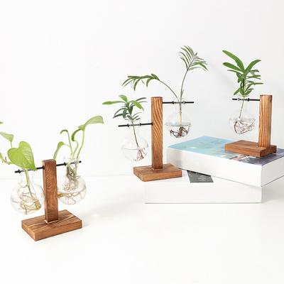Plant Propagation Station with 1/2 Glass Vases And Wood Stand Decorative Tabletop Terrarium Planter Clear Glass Hydroponic Vase for Office Garden Home