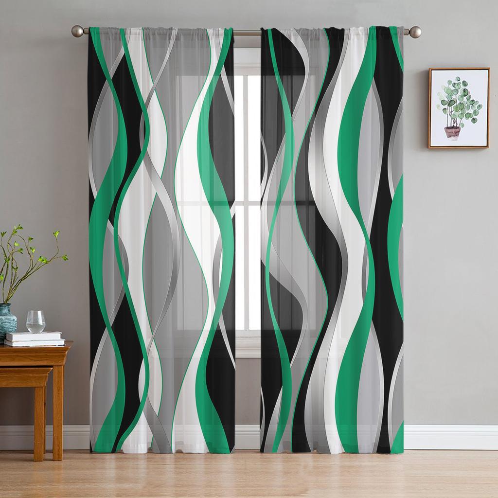 Solid Abstract Line Gradient Emerald Green Sheer Curtains for Living Room Decor Window Curtains Kitchen Tulle Voile Curtains