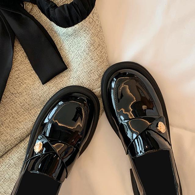 Sheepskin version~ super soft leather platform loafers women's small gold buckle thick heel single shoes black British lazy small leather shoes