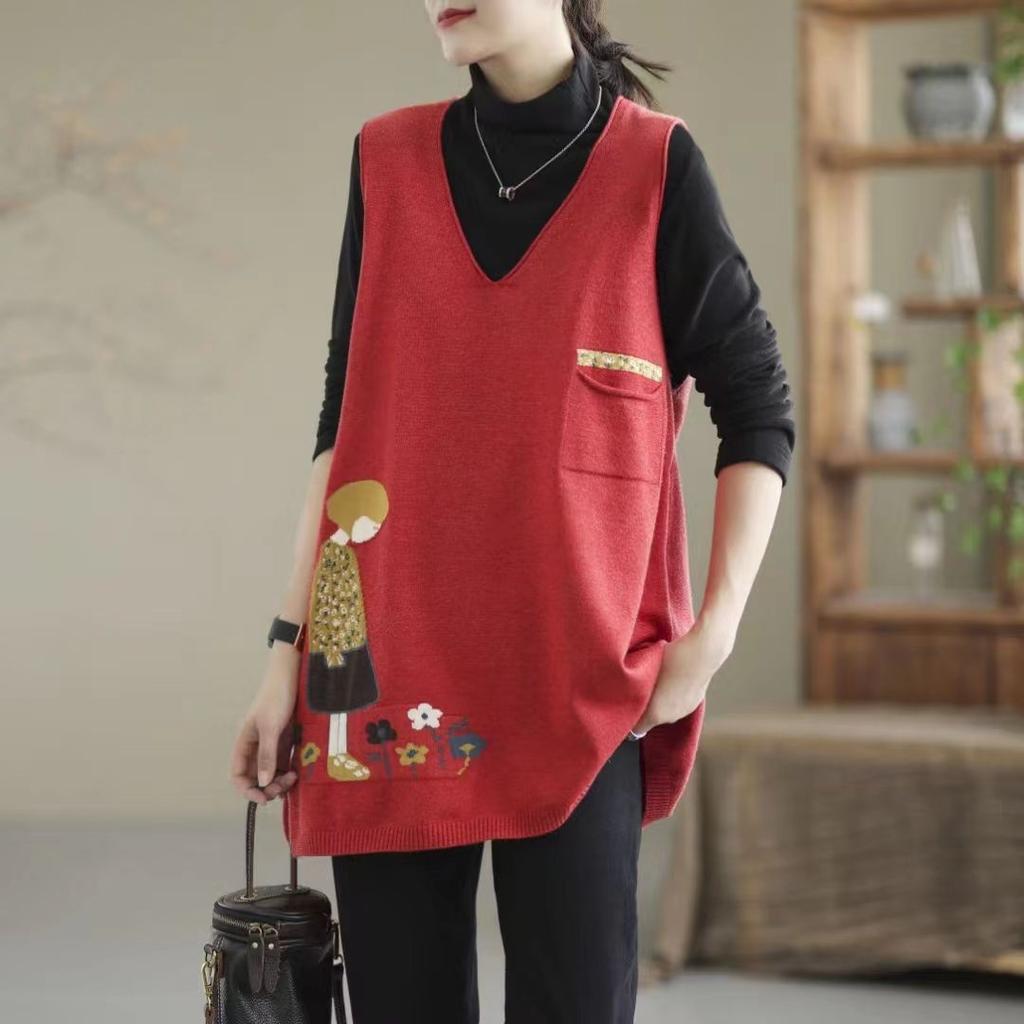 Retro Literature and Art Spring Autumn Winter Women's Pullover V-neck Patchwork Pockets Sweate Fashion Casual Elegant Sleeveless Vest Tops