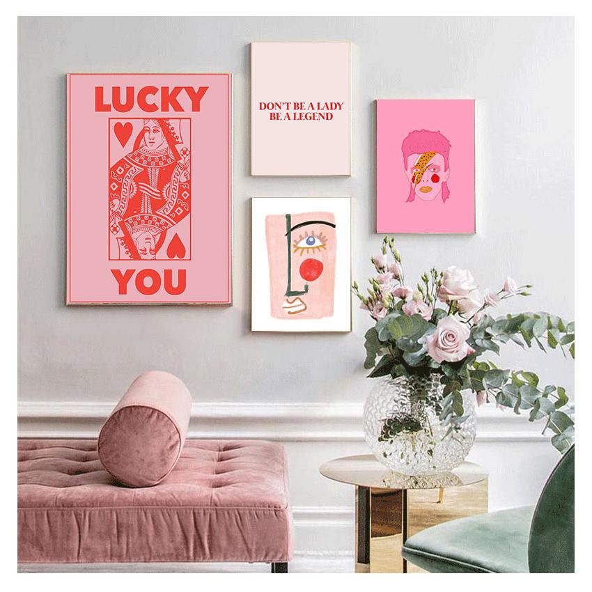 Pittura su Tela Arte da Parete Stile Rosa Lettera Lucky You Immagini Per Soggiorno Moderno Decorativo Nordico Astratto Poster Linea Faccia