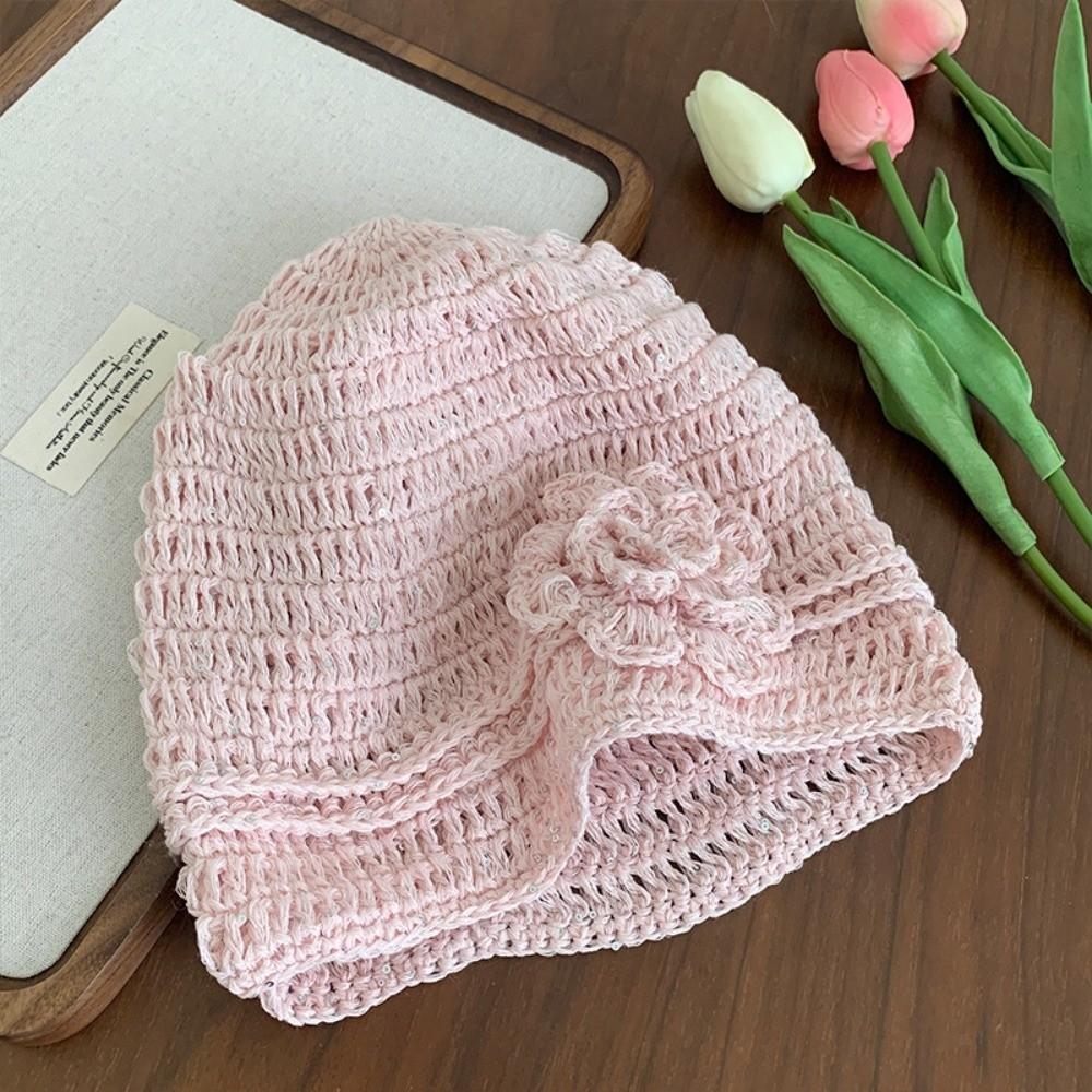 Y2k Flower Knitted Caps Hand-woven Beanies Cap Casual Sequin Crochet Hat  Spring Summer