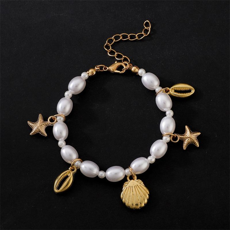Trendy Shell Starfish Coin Imitation Pearl Chain Bracelets for Women Gold Color Metal Charms Bracelet Statement Jewelry