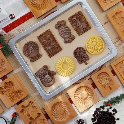 Holz-Keksformen für Weihnachten, Tiere, Süßigkeiten & Blumenmuster 3D geschnitzte geprägte Keksstempelform für die Feiertagsbäckerei