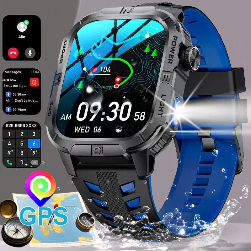 2026 New Outdoor Military Men's Smart Watch Is Equipped with GPS LED Lighting Compass Wireless Communication IP68 Waterproof Smartwatch Music 540mah