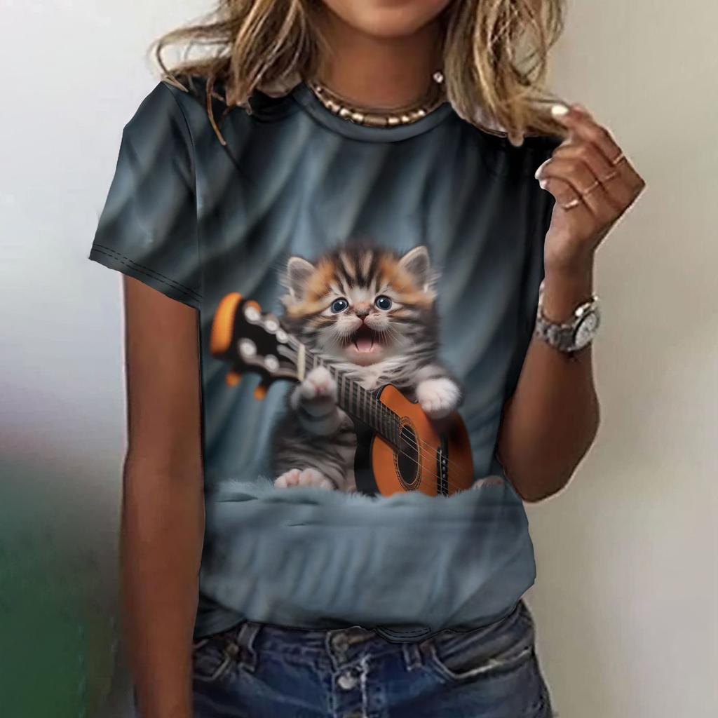 Fun animal pattern women's T-shirt cat print casual short sleeved top