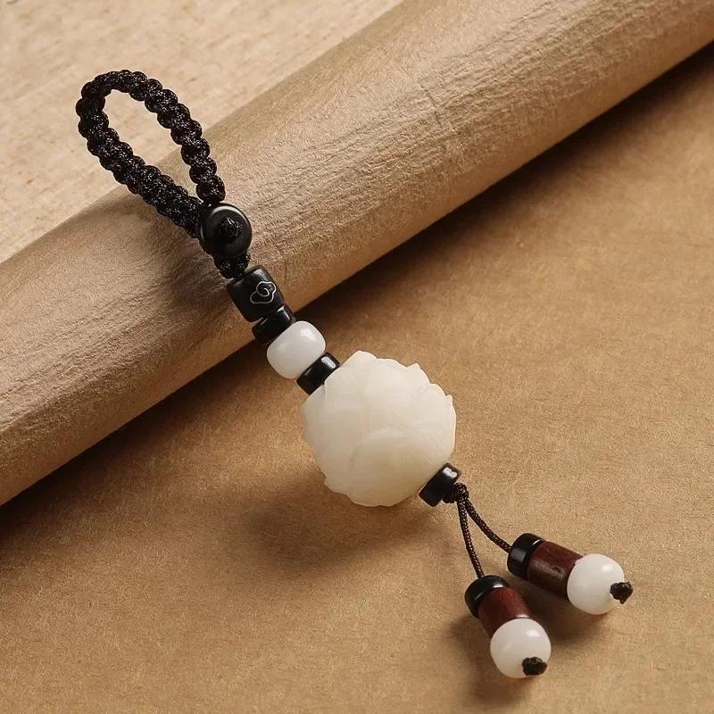 Buddhism Lotusblomma Nyckelring Tillbehör Trä Buddha Lyckobringande Pärlor Nyckelring Jadepärla Telefonamulett Väskspänne Kinesisk Charm