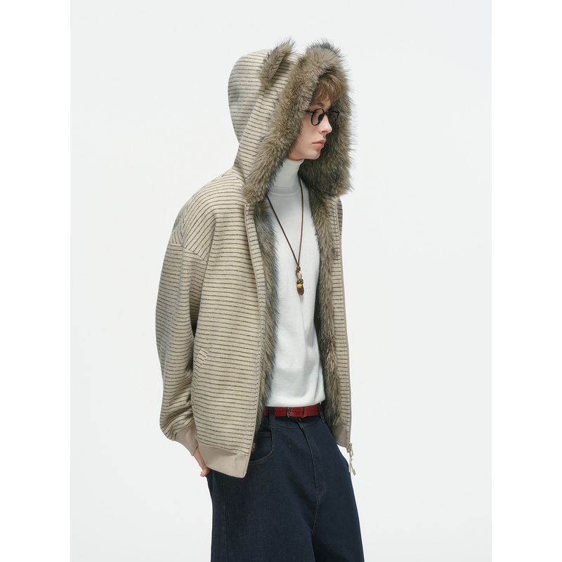 Dream Made Cat Ear Mountain Carving Jacket for Men, Winter Fleece-Lined Thickened Warm Couple Cotton Coat, Striped Cotton Jacket