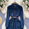 European and American retro style Polo collar denim dress women's winter belt thin single-breasted design temperament dress