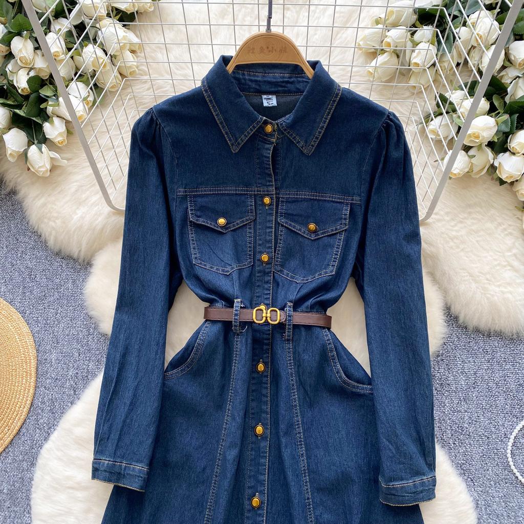European and American retro style Polo collar denim dress women's winter belt thin single-breasted design temperament dress