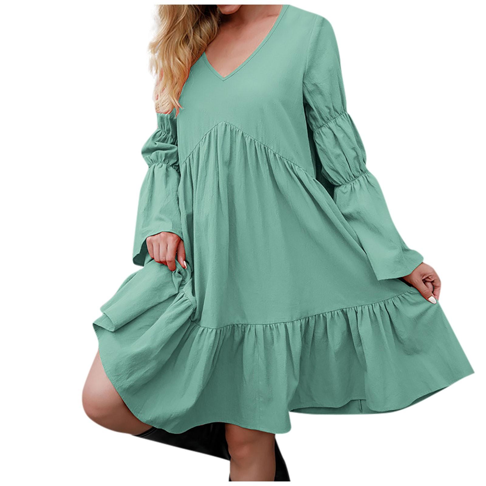 

(SU)Женская мода Повседневная однотонная boho свободное платье с взъерошенным длинным рукавом средняя юбка