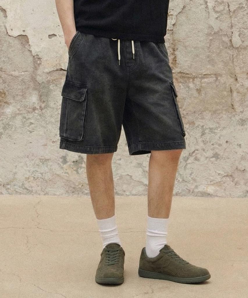 AGOD Bermuda Wide Single-Pleat Cargo Denim Shorts [Gray]