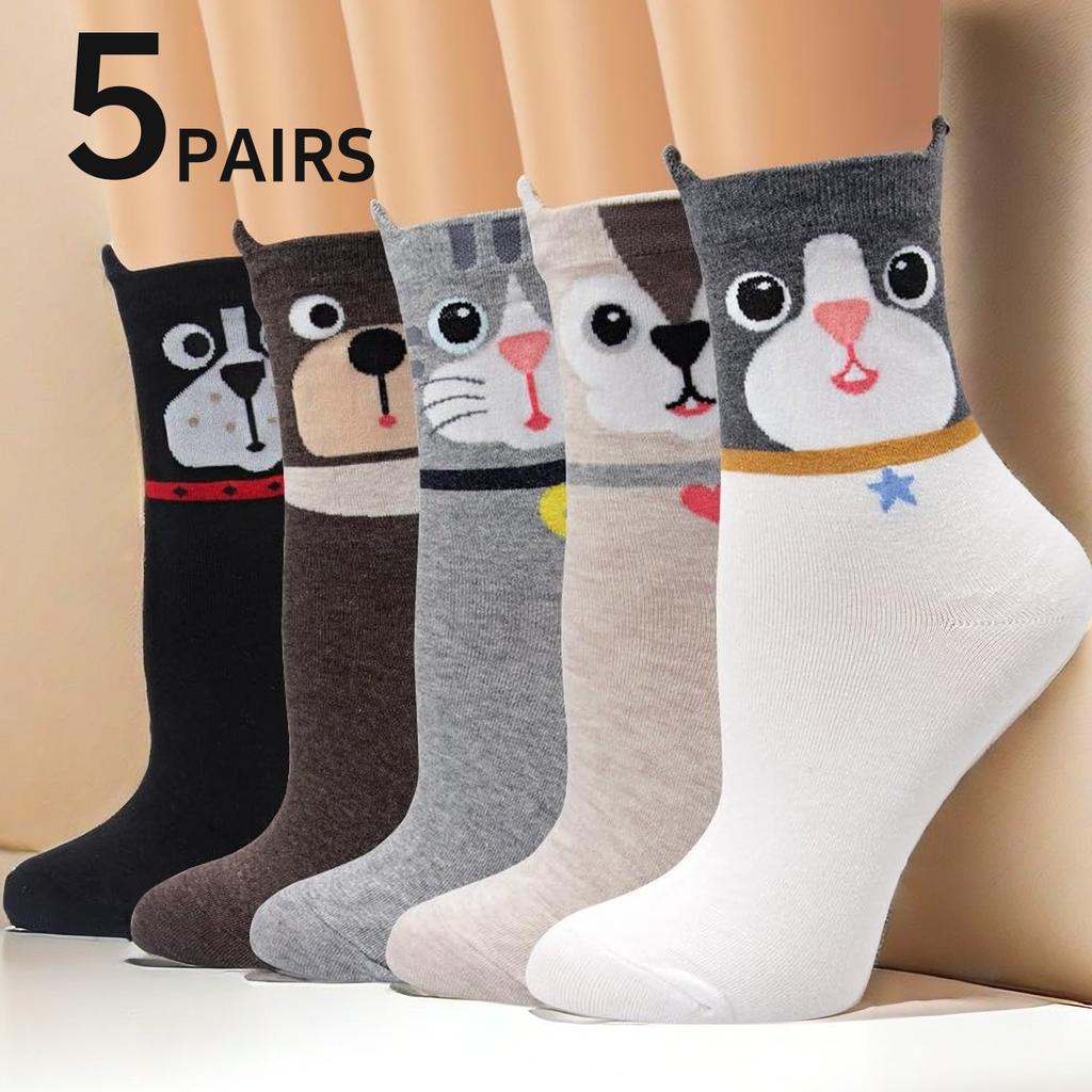 5 Pairs of Women's Crew Socks with Cat Patterns, Cute, Unique, Fun, Comfortable, Moisture-Wicking