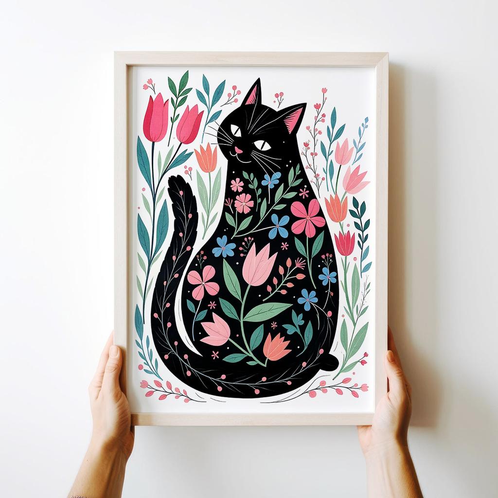 Poszter illusztráció macska virágokban