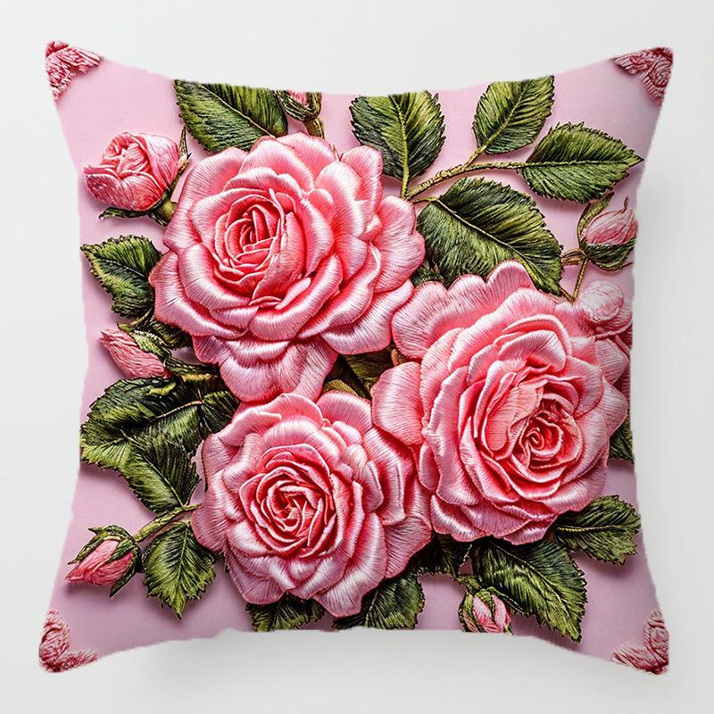 3D Floral Embroidery Throw Pillow Cover - Sofa Cushion, Digital Print Pillowcase