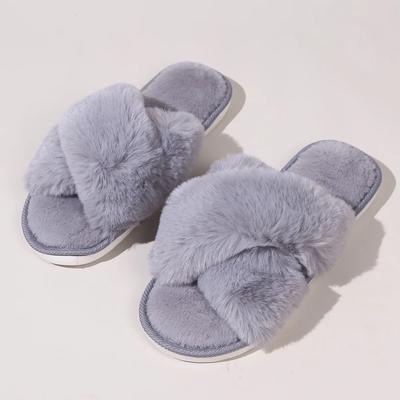 Modische Plüsch-Hausschuhe mit gekreuzten Bändern für Damen, offene Zehenpartie, weiche Sohle, flauschige Hausschuhe, Damen-Winter, gemütlich warm, Indoor-Bodenhausschuhe