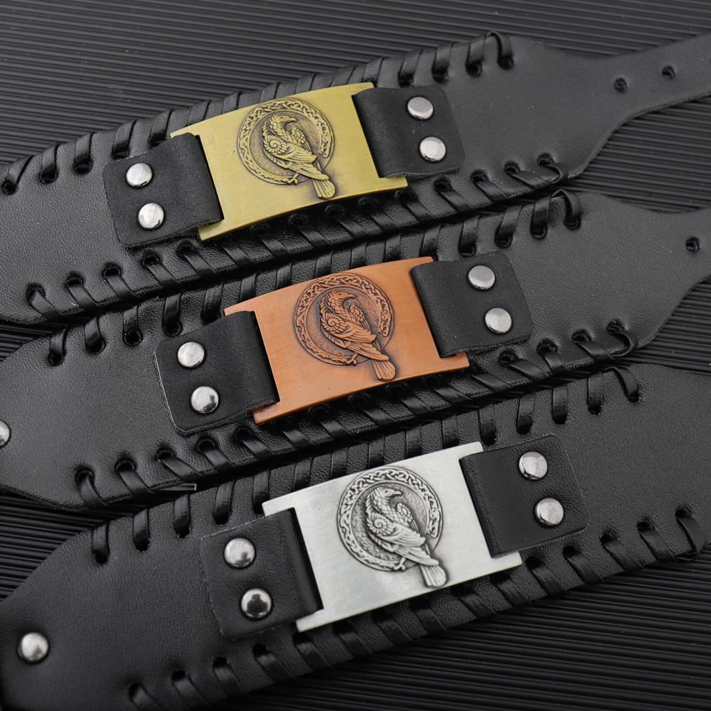 Trendy Wide Leather Woven Viking Rune Bracelet for Men Hip Hop Punk Jewelry Accessory Nordic Crow Charm Fashion