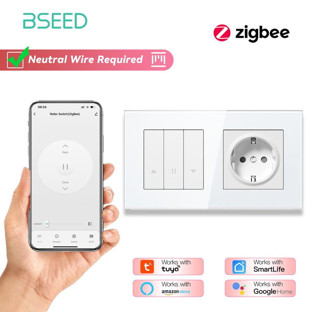 BSEED Zigbee Shutter Switch Series Wall Smart Click Switches Yellow Backlight Glass Frame Tuya APP Roller Switch EU Wall Sockets
