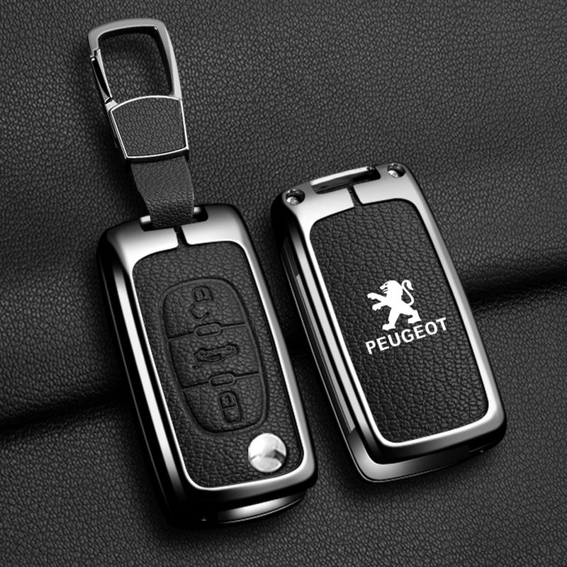 2026 Hete Auto Sticker Legering Leer Auto Flip Afstandsbediening Sleutelhoes Fob Cover Houder Shell voor Peugeot 207 307 308 407 607 807 Beschermer