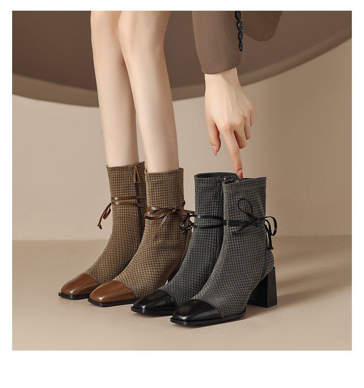 Checkered Thick Heel Side Zipper Square Toe High Heel Short Boots for Womens Autumn and Winter Single Boots for Womens Boots